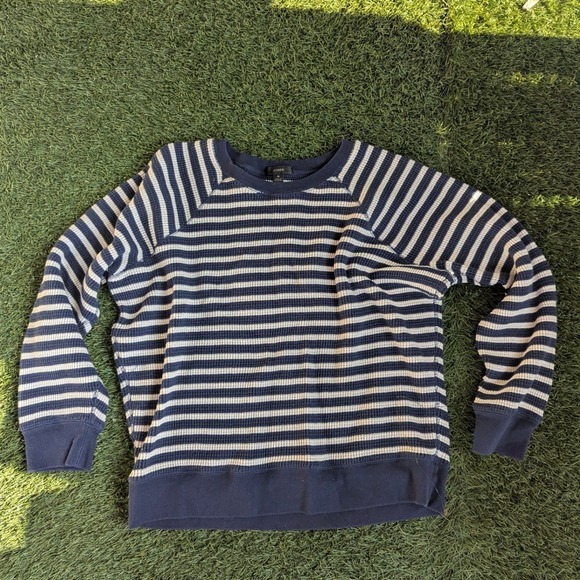 J. Crew Tops - J. Crew Womens Navy Blue White Striped Waffle Knit Thermal Pullover Top Size M